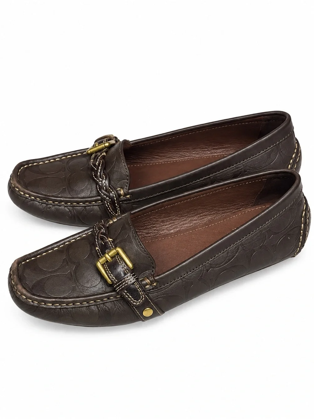 Coach Women’s Brown Leather Signature Moccasin Loafers with Buckle Detail
